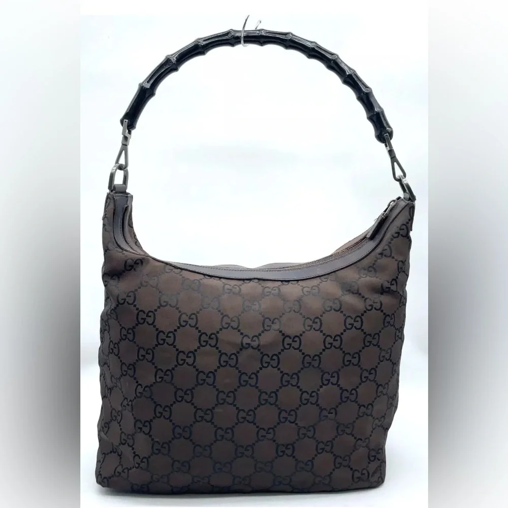 Authentic Gucci GG Bamboo Nylon Leather Brown Shoulder Bag